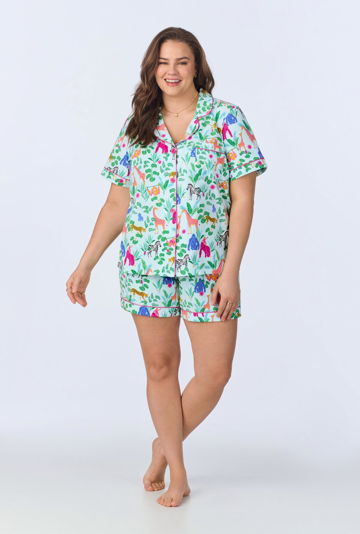 A lady wearing Addo&#39;s Birthday Bash Short Sleeve Classic Shorty Stretch Jersey PJ Set