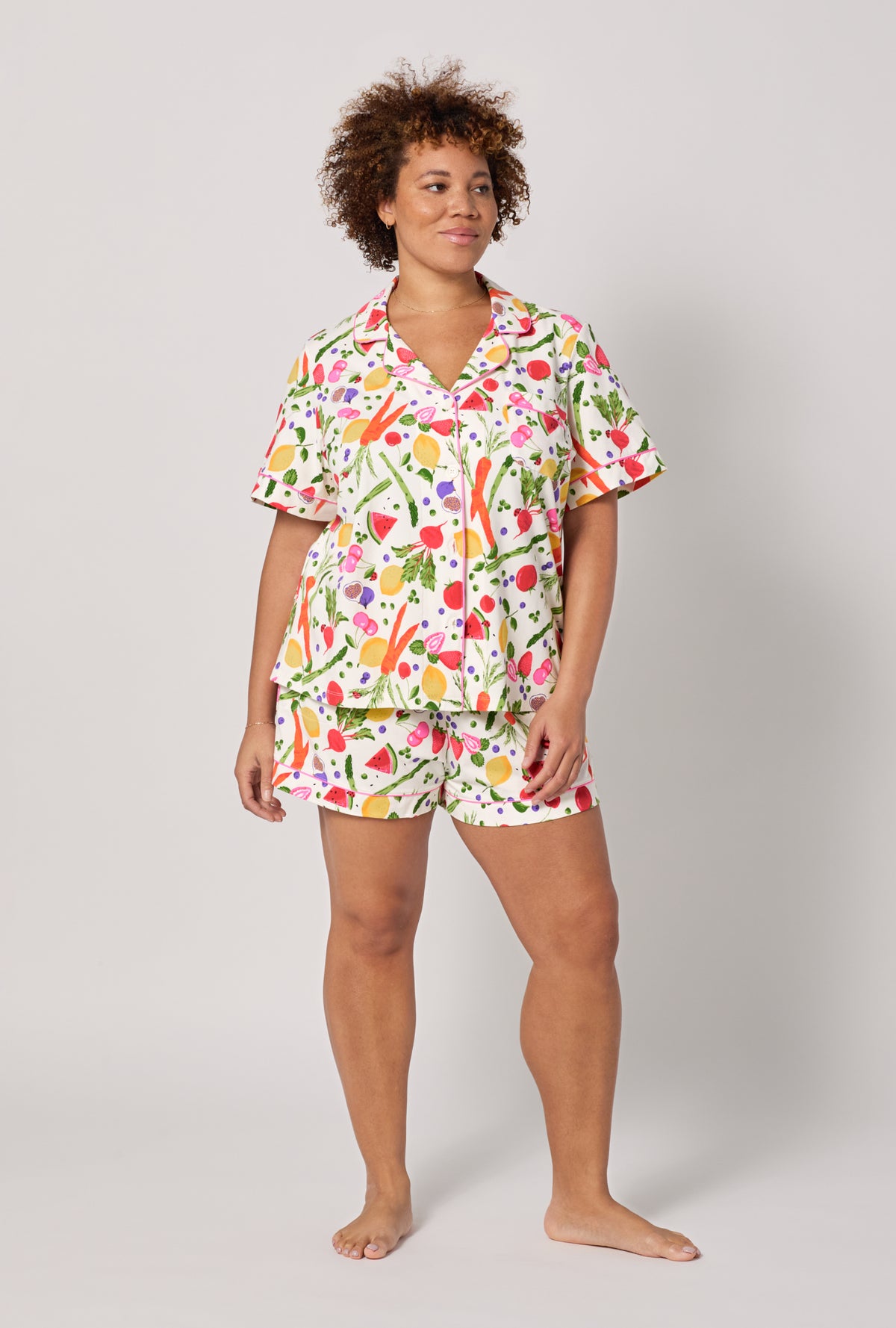 A lady wearing plus Organic Garden Short Sleeve Classic Shorty Stretch Jersey Pj Set