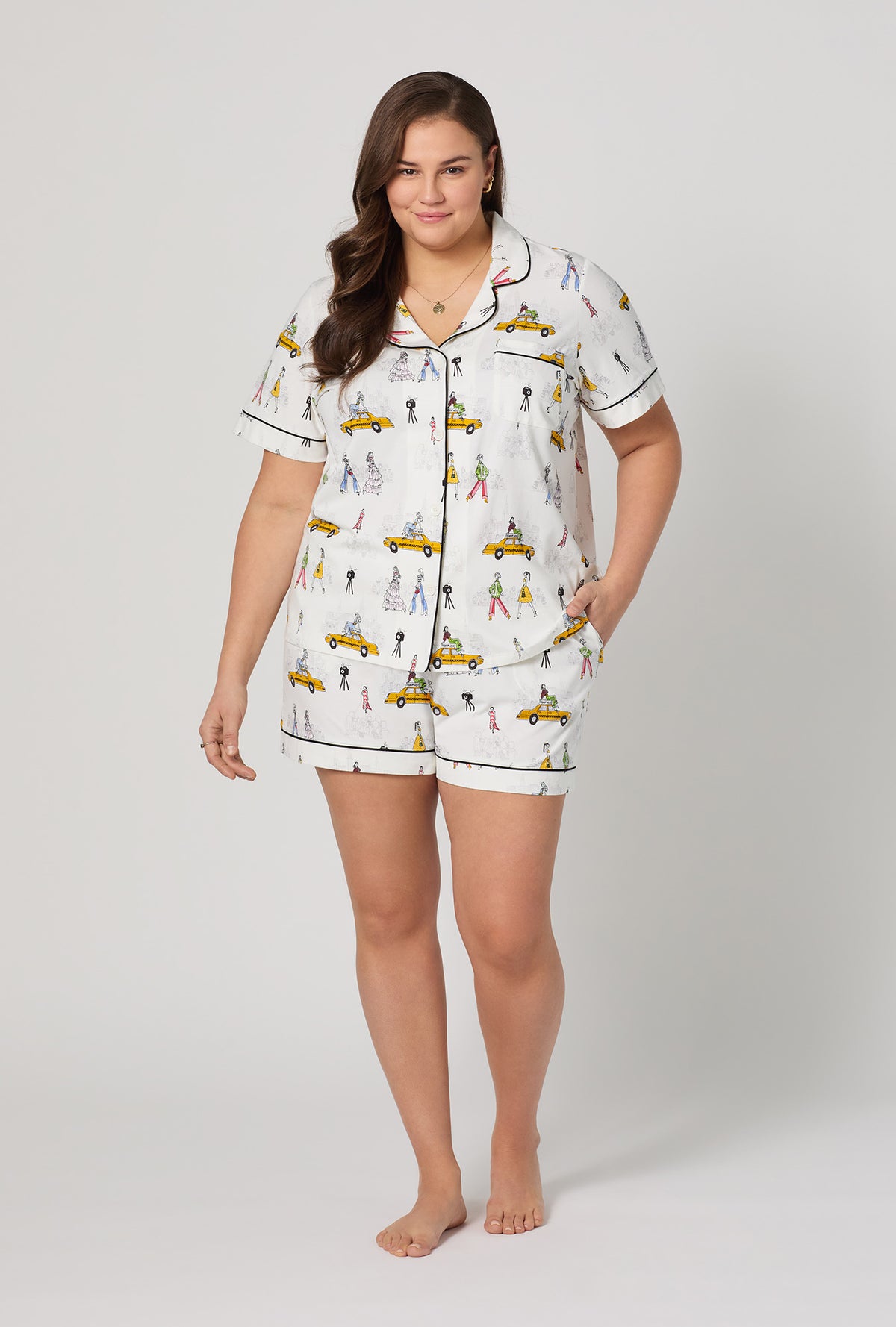 A lady wearing plus size Fashion Week Short Sleeve Classic Shorty Stretch Jersey Pj Set