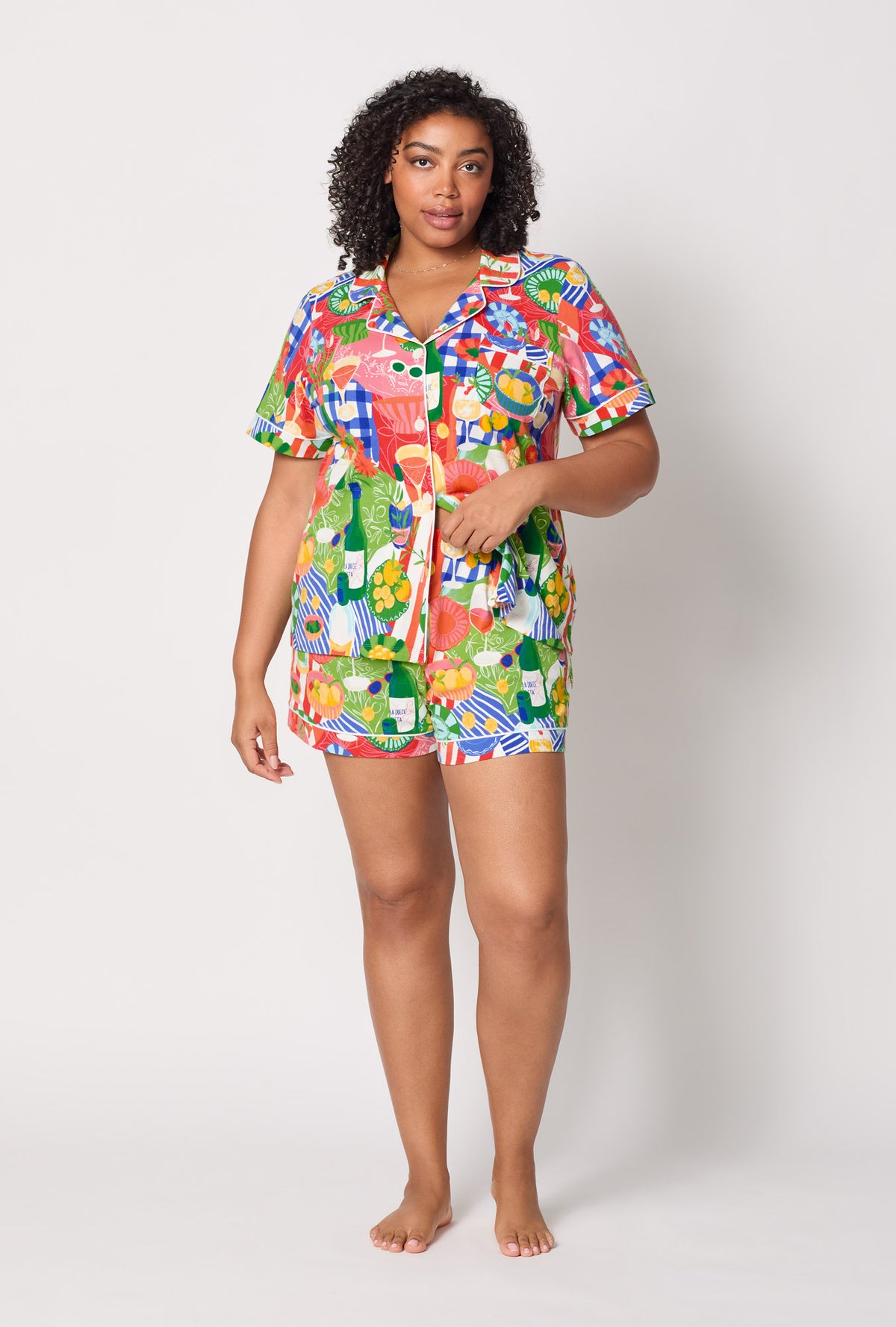 A lady wearing plus size Picnic In The Park Short Sleeve Classic Shorty Stretch Jersey Pj Set