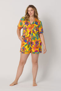 A lady wearing plus size  Yellow Short Sleeve Classic Shorty Stretch Jersey Pj Set front view