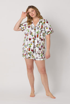 A lady wearing plus size White Short Sleeve Classic Shorty Stretch Jersey Pj Set front view