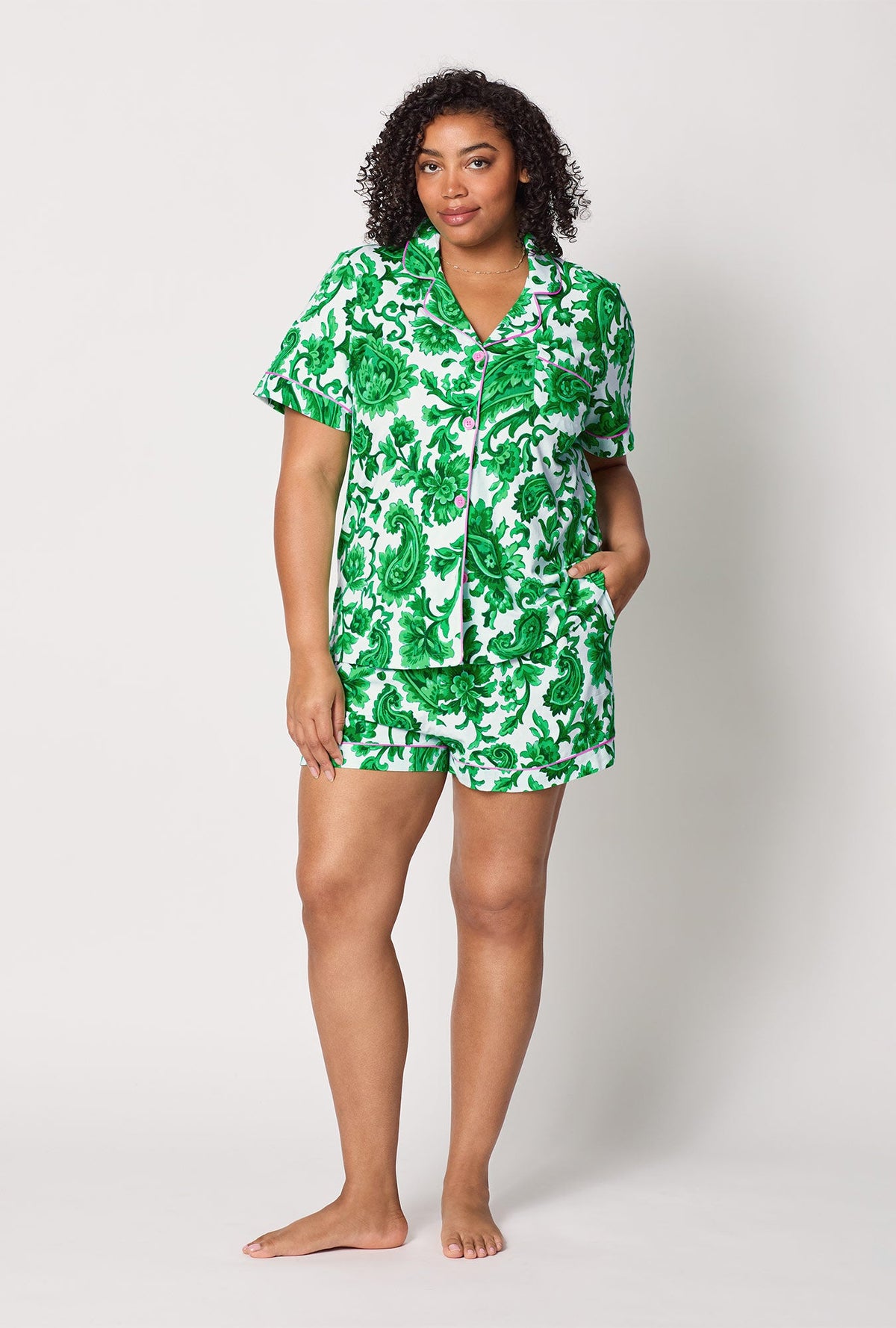 A lady wearing plus size Green and  White Short Sleeve Classic Shorty Stretch Jersey Pj Set front view