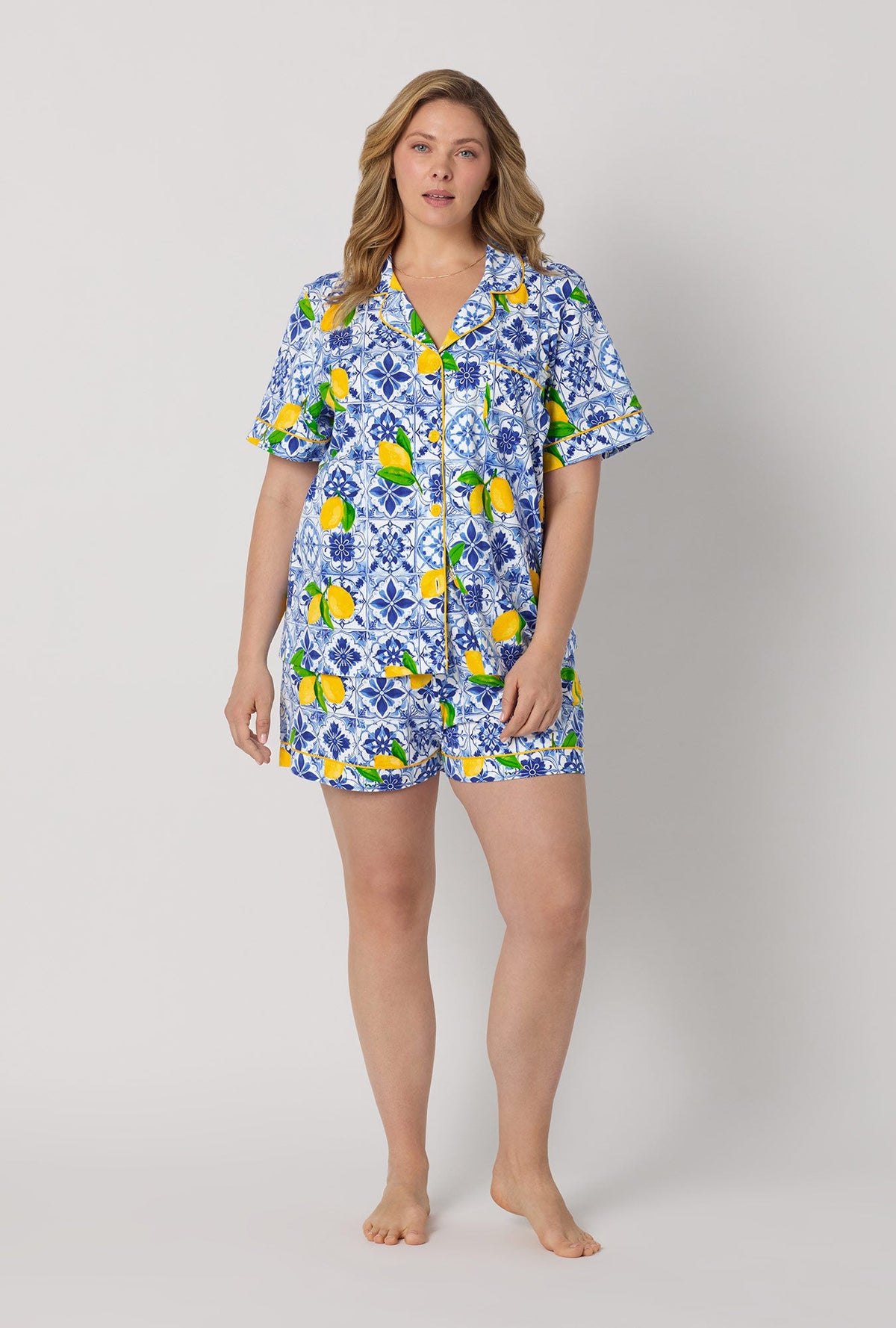 A lady wearing plus size Blue and  White Short Sleeve Classic Shorty Stretch Jersey Pj Set front view