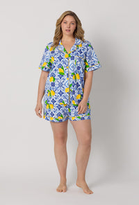 A lady wearing plus size Blue and  White Short Sleeve Classic Shorty Stretch Jersey Pj Set front view