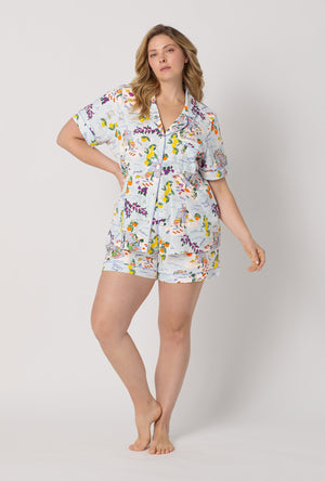 A lady wearing plus size Blue Short Sleeve Classic Shorty Stretch Jersey Pj Set front view