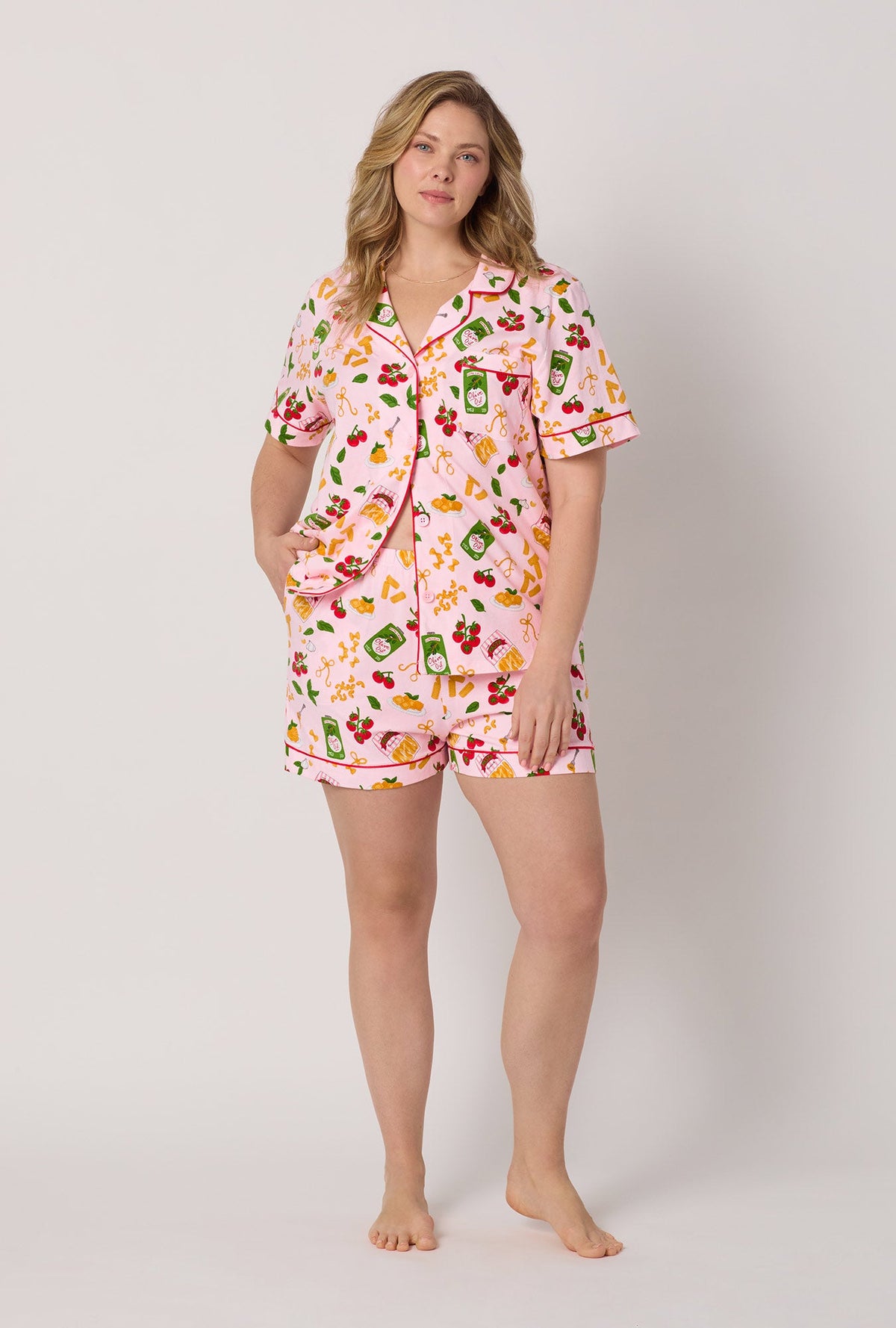 A lady wearing plus size Pink Short Sleeve Classic Shorty Stretch Jersey Pj Set front view