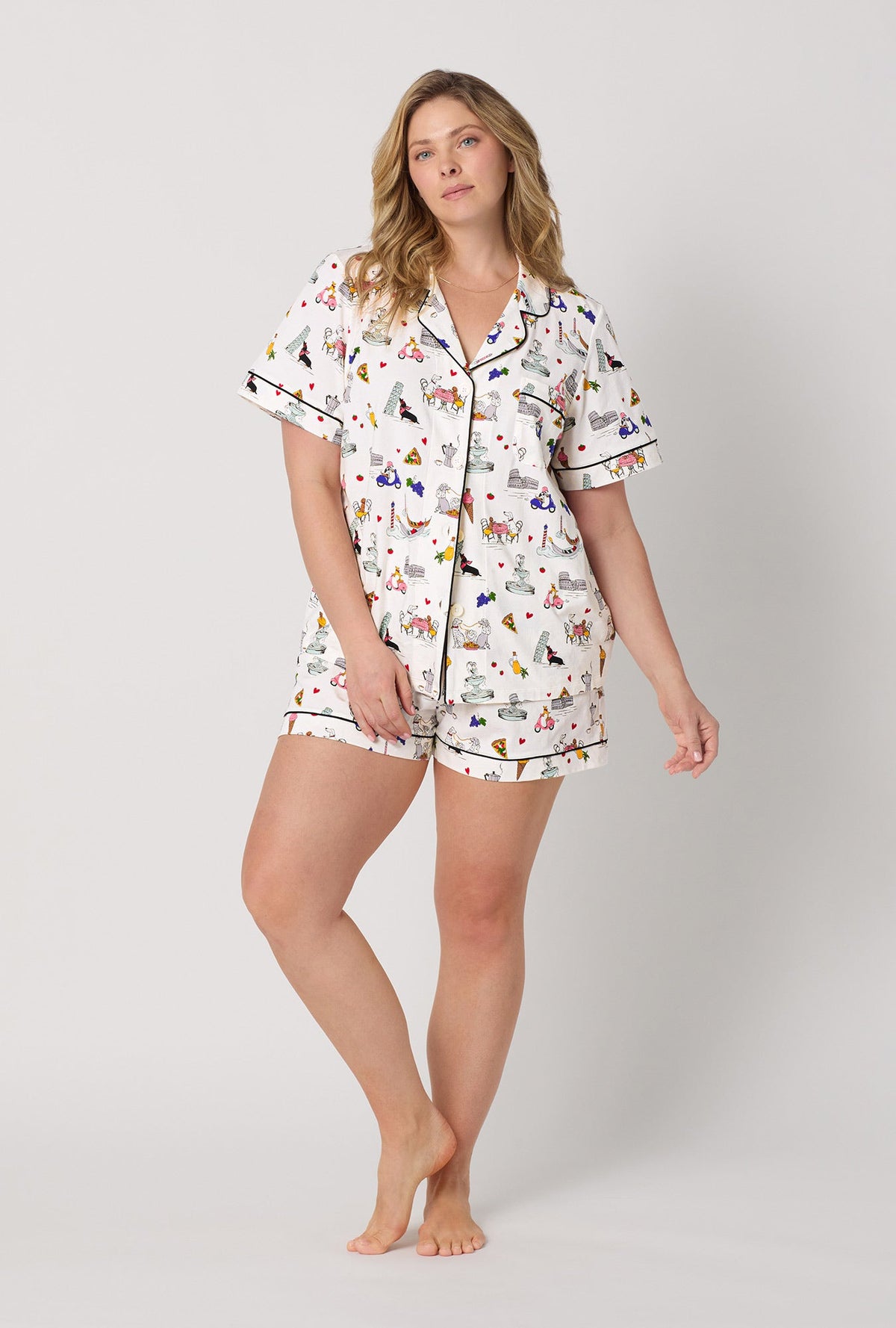 A lady wearing plus size White Short Sleeve Classic Shorty Stretch Jersey Pj Set front view