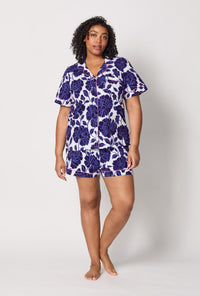 A lady wearing plus size Blue and  White Short Sleeve Classic Shorty Stretch Jersey Pj Set front view