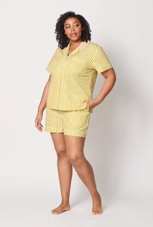 A lady wearing plus size Yellow Short Sleeve Classic Shorty Woven Cotton Sateen Pj Set front view