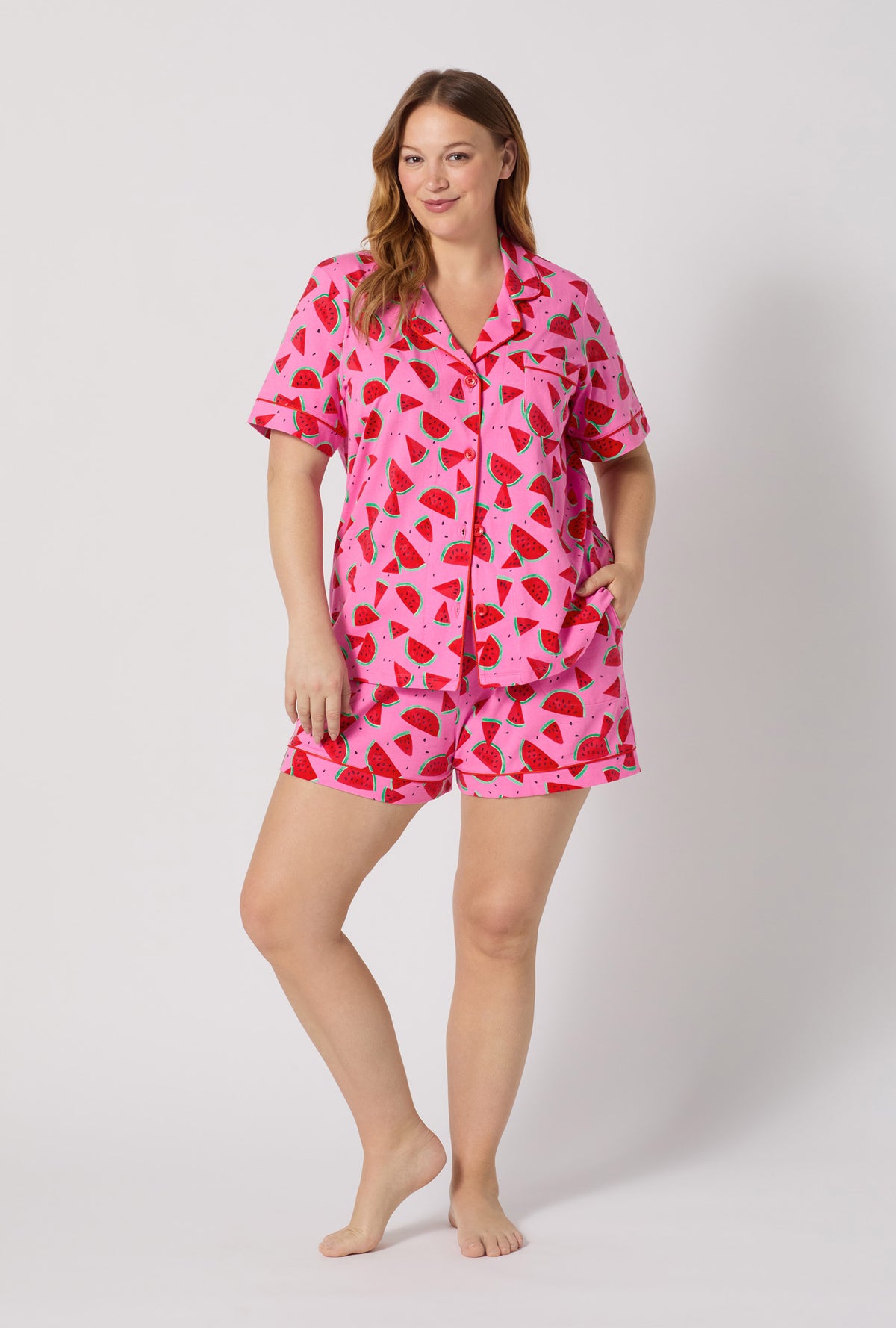 A lady wearing plus size Watermelon Crush Short Sleeve Classic Shorty Stretch Jersey Pj Set 
