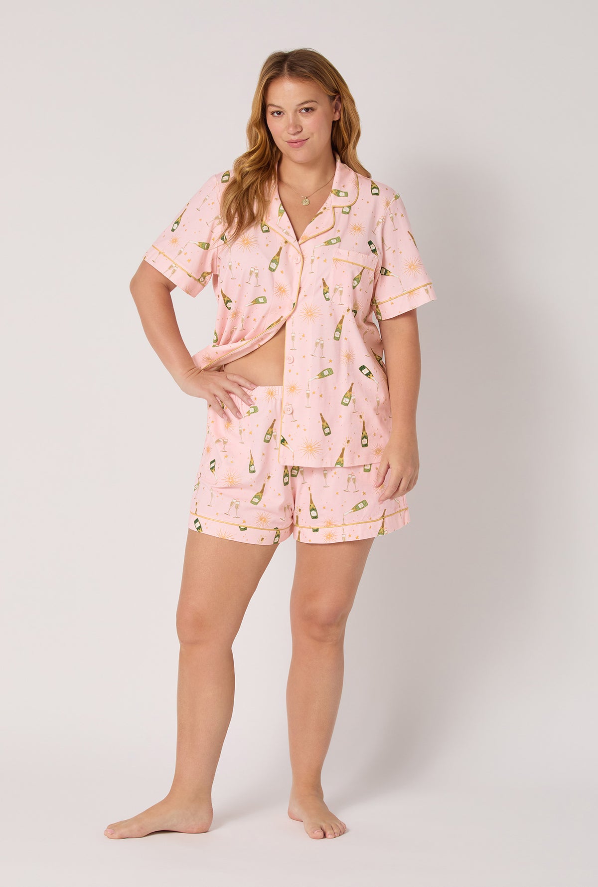 A Lady wearing Pop Fizz Clink Short Sleeve Classic Shorty Stretch Jersey Pj Set