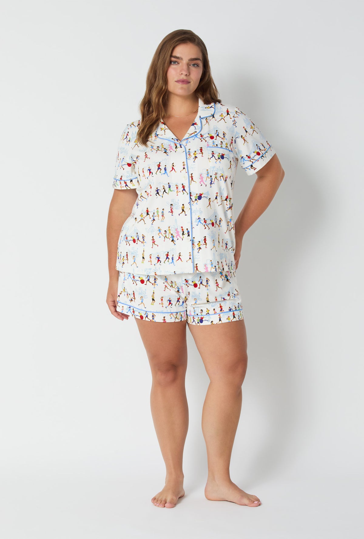 A lady wearing Run NYC Run Short Sleeve Classic Shorty Stretch Jersey Pj Set
