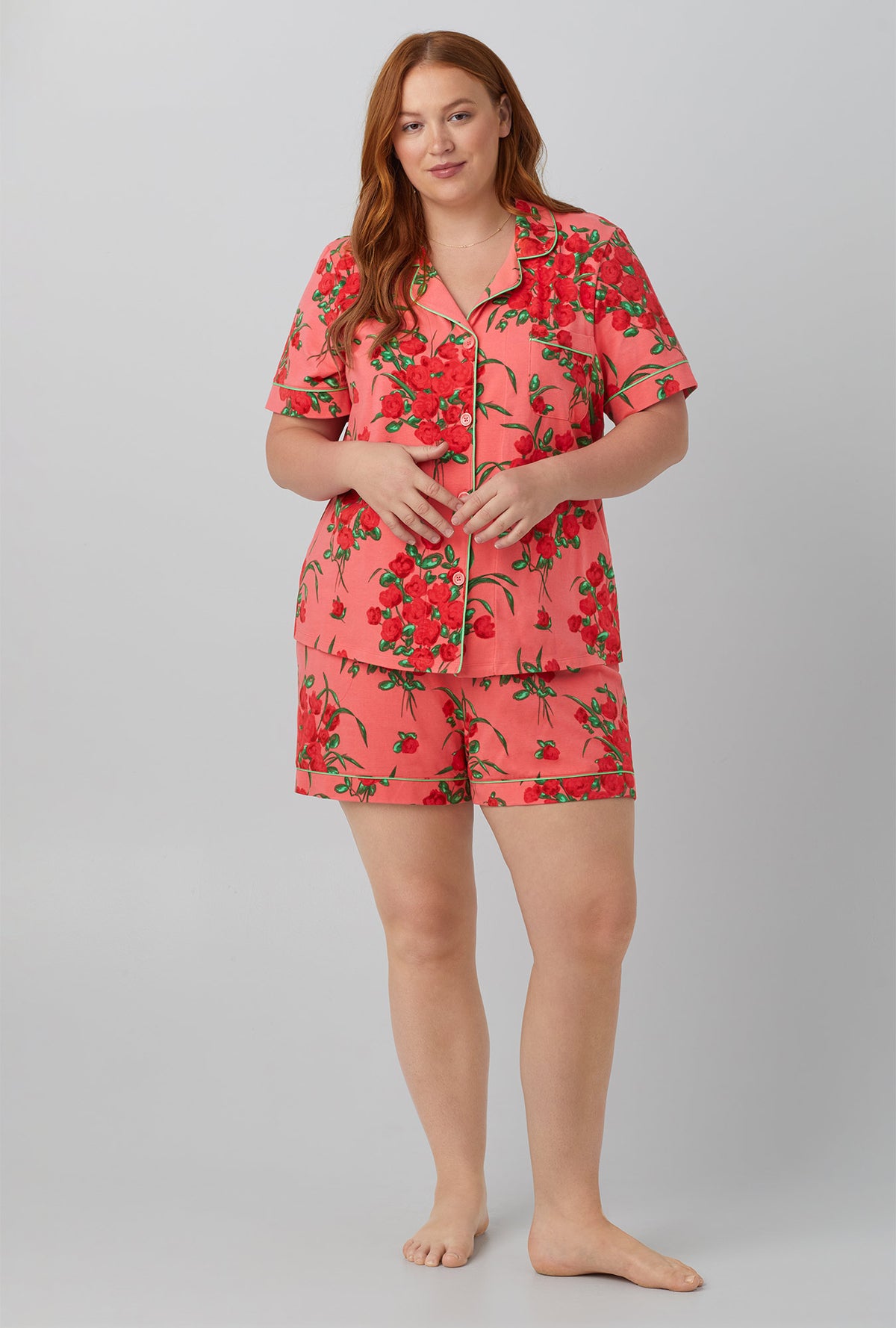 A lady wearing By The Dozen Short Sleeve Classic Shorty Stretch Jersey PJ Set