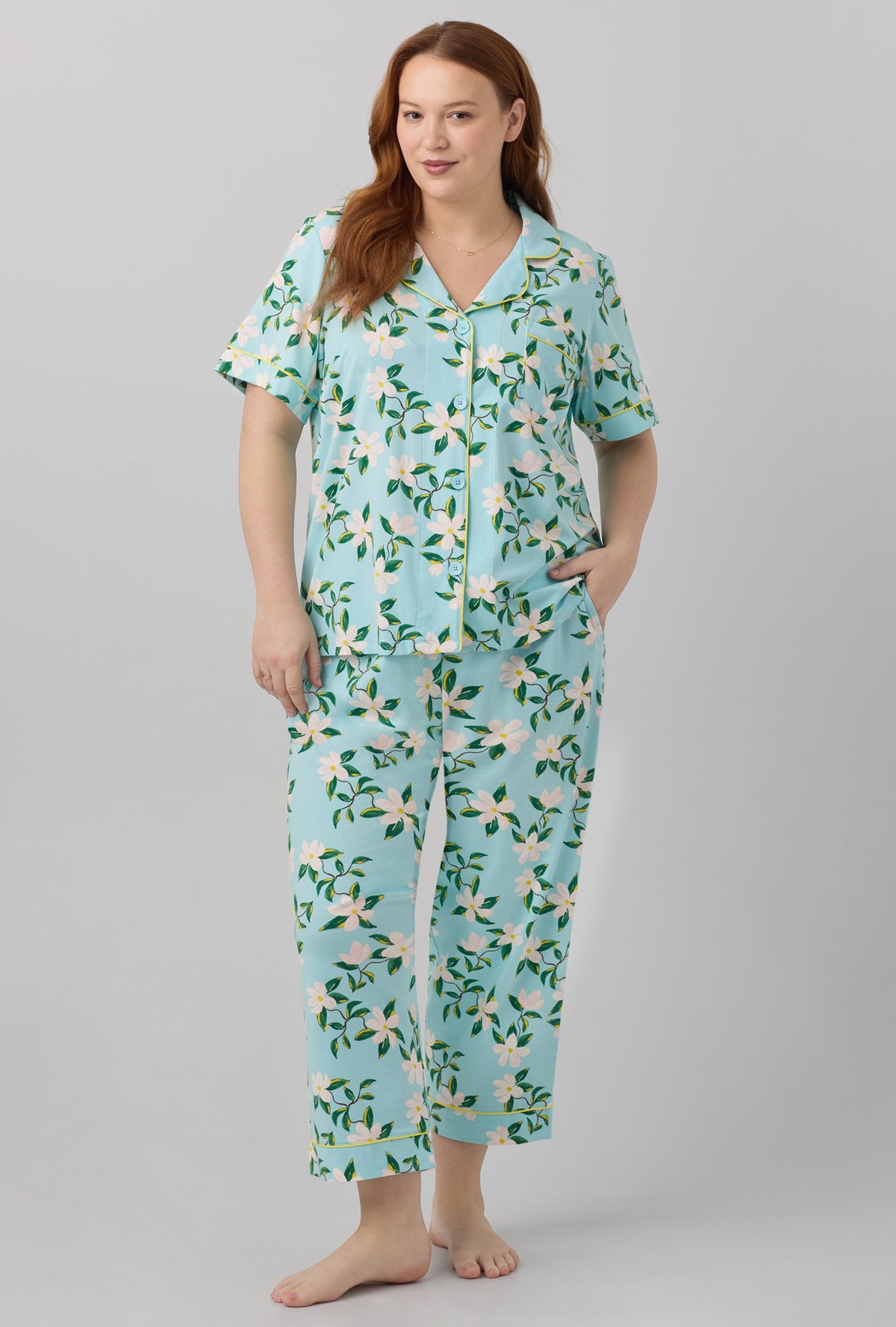A lady wearing short sleeve classic stretch jersey cropped pj set with belle blossoms print