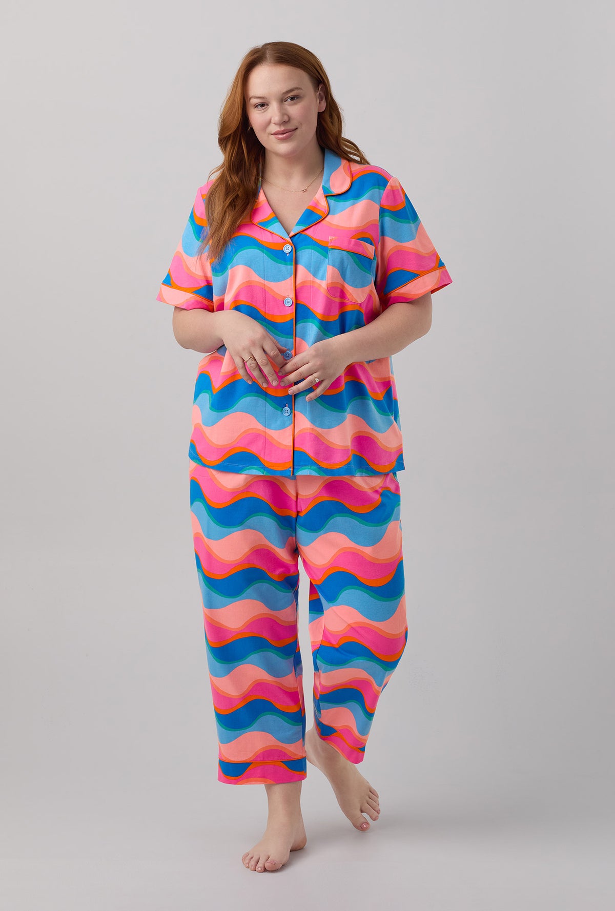 A lady wearing short sleeve stretch jersey cropped pj set with new wave print