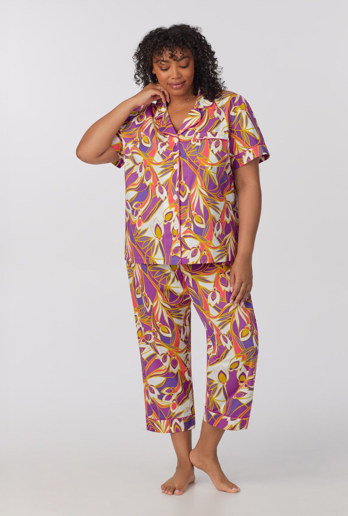 A lady wearing Short Sleeve Classic Woven Cotton Poplin Cropped PJ Set with Senegal Garden print