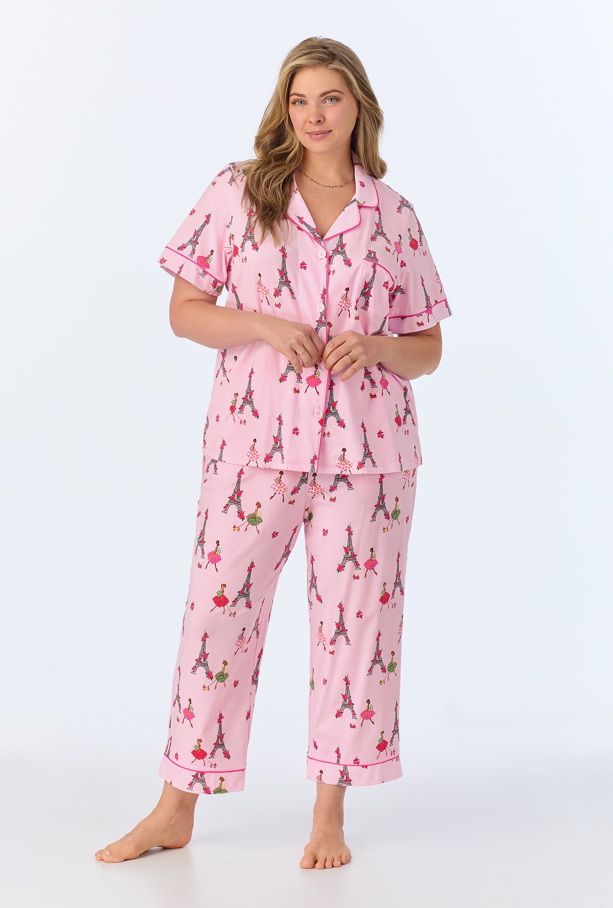 A lady wearing Tres Chic Short Sleeve Classic Stretch Jersey Cropped PJ Set