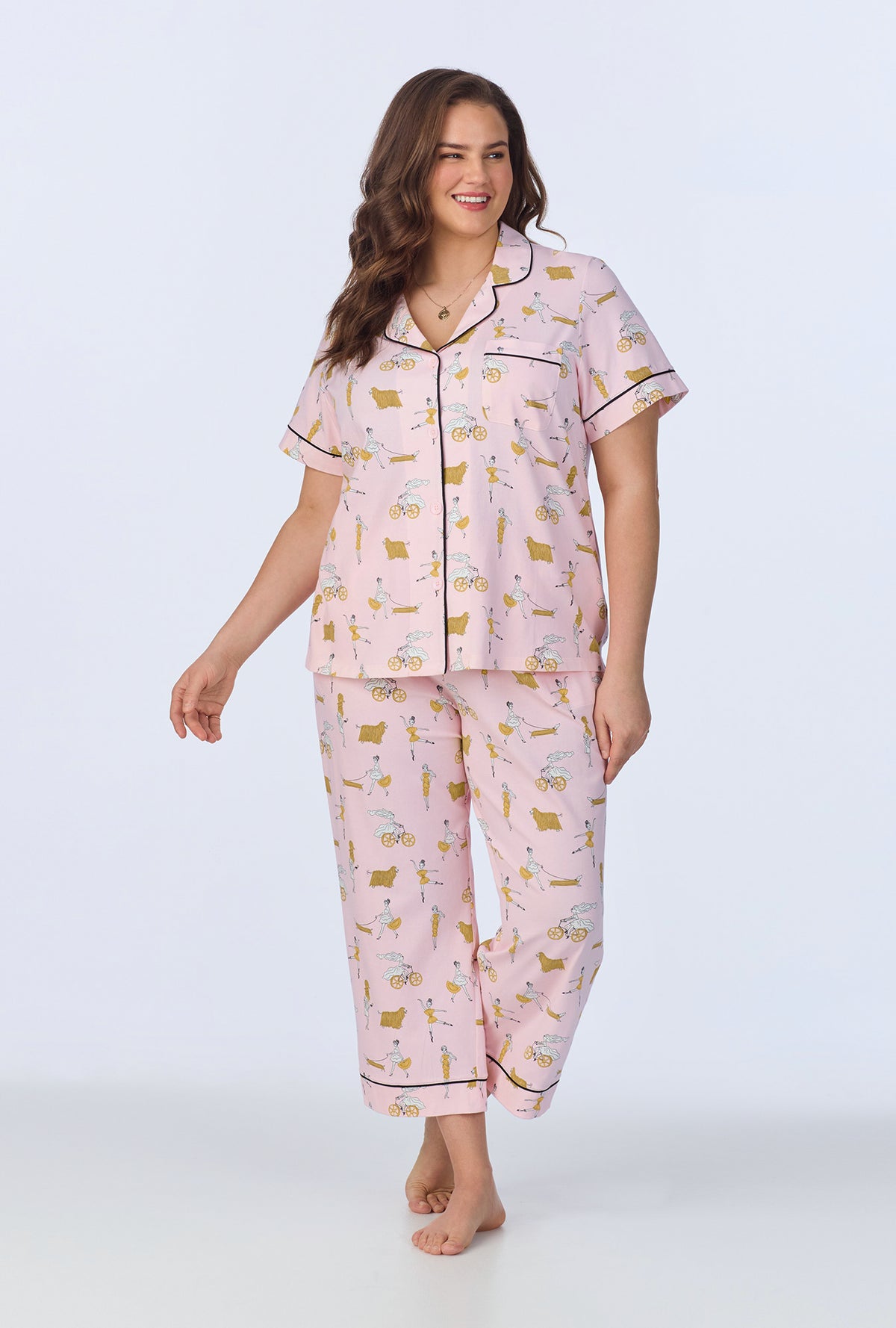 A lady wearing Say Yes To Pasta Short Sleeve Classic Stretch Jersey Cropped PJ Set