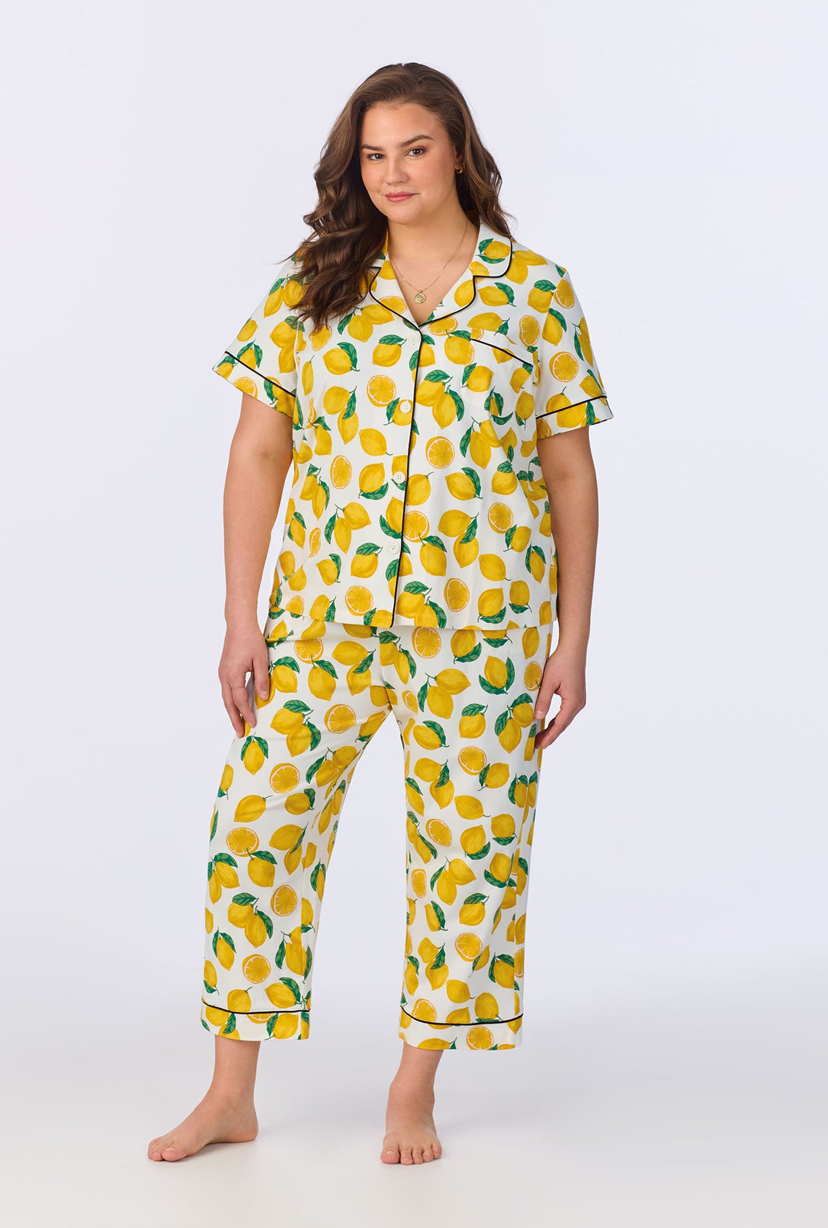 A lady wearing Main Squeeze Short Sleeve Classic Stretch Jersey Cropped PJ Set