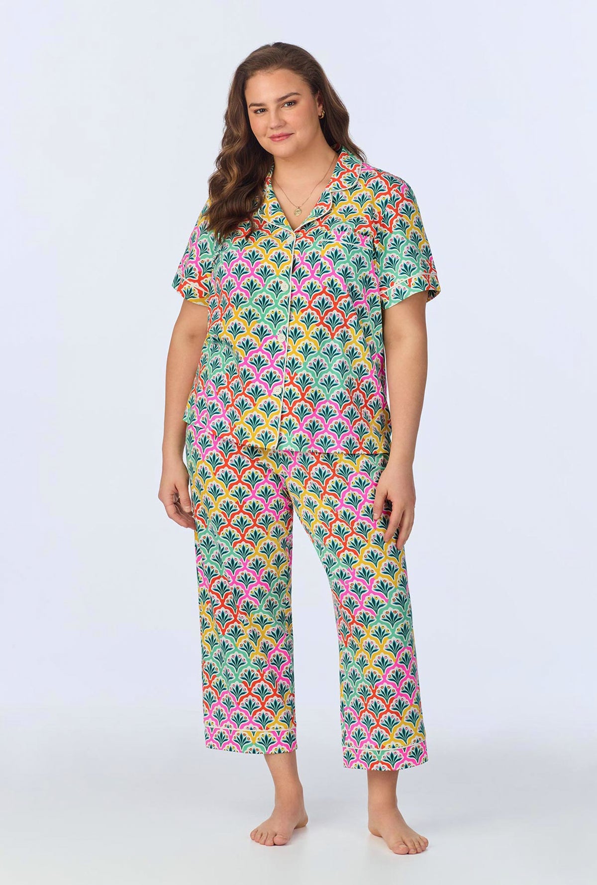 A lady wearing Camilla Short Sleeve Classic Stretch Jersey Cropped PJ Set