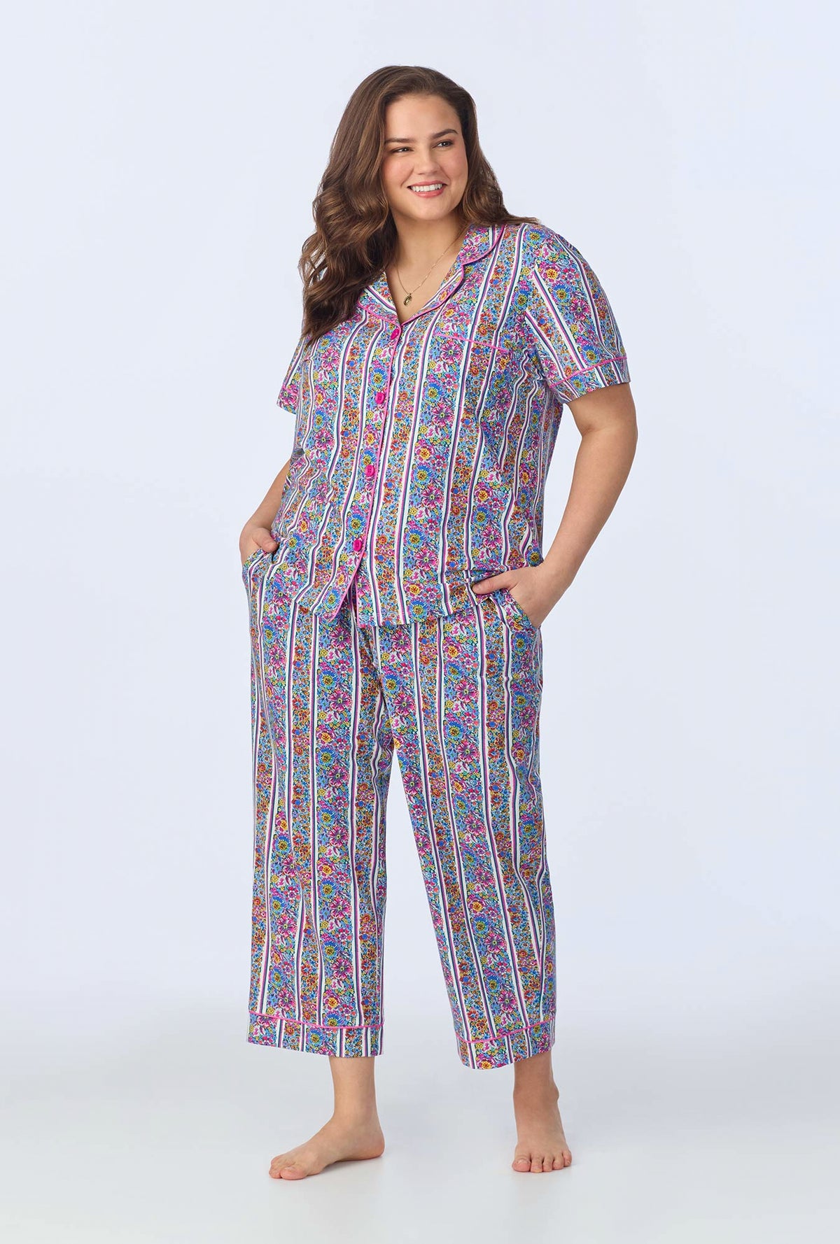A lady wearing Bel Fiore Short Sleeve Classic Stretch Jersey Cropped PJ Set