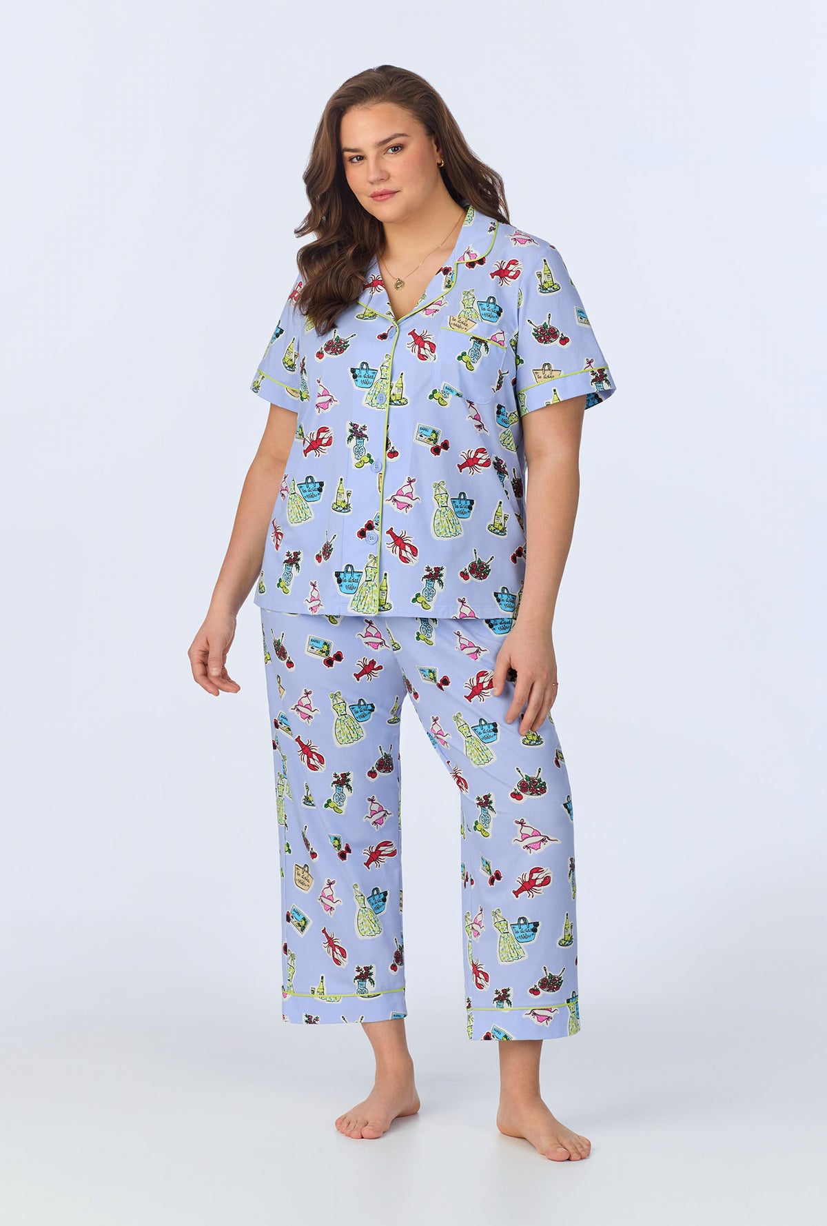 A lady wearing Island Life Short Sleeve Classic Stretch Jersey Cropped PJ Set