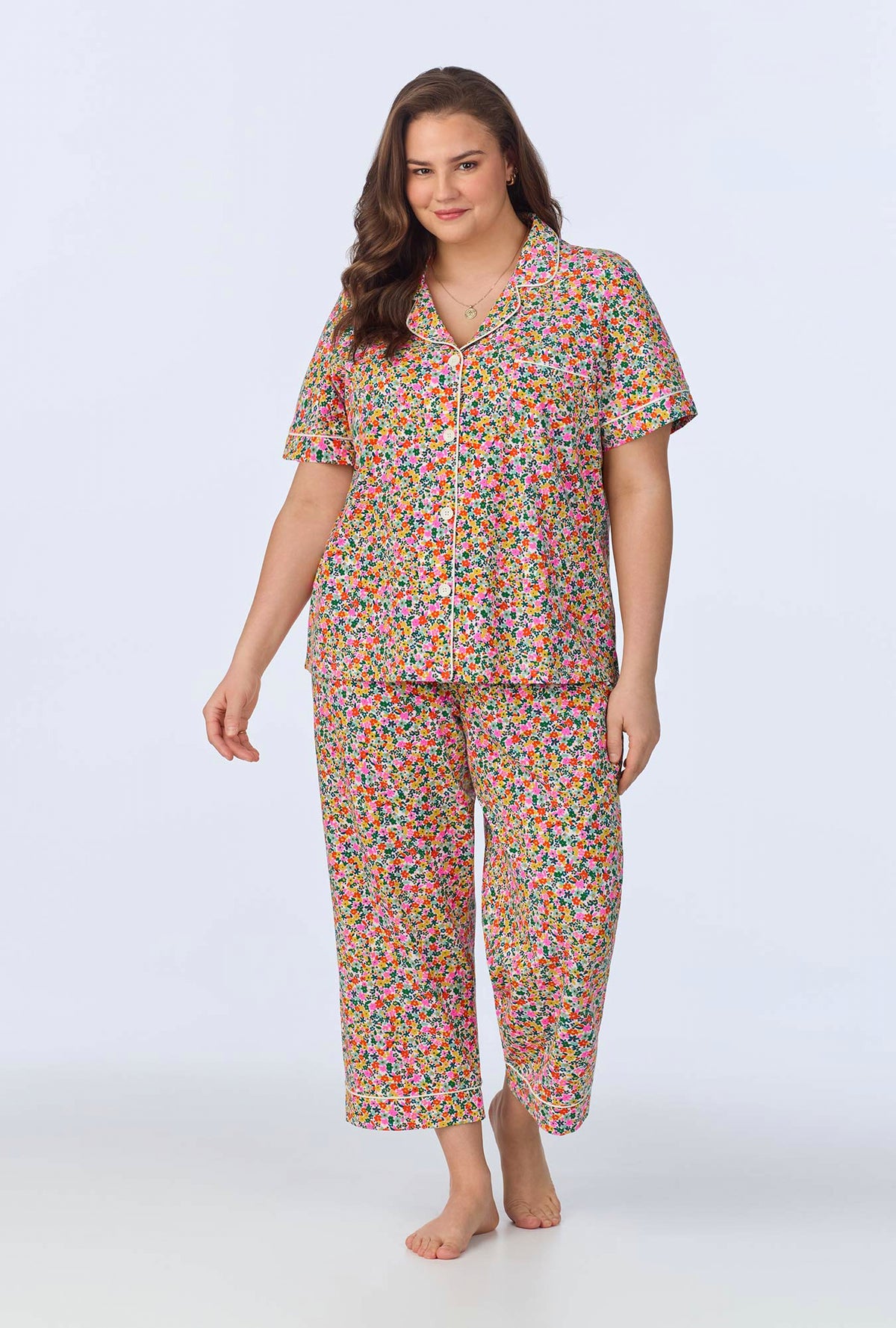 A lady wearing Fresh Picks Short Sleeve Classic Stretch Jersey Cropped PJ Set