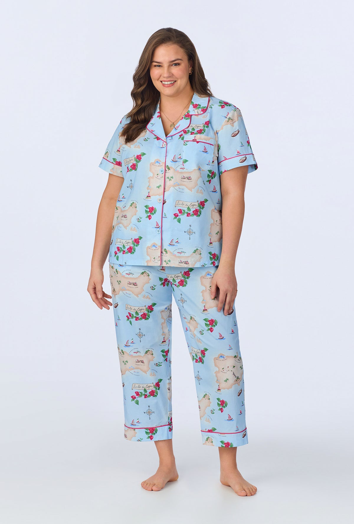 A lady wearing Ciao Capri Short Sleeve Classic Woven Cotton Poplin Cropped PJ Set