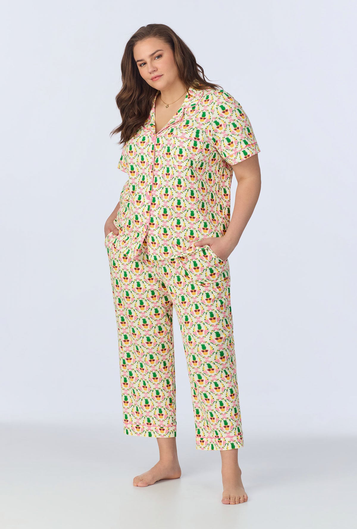 A lady wearing Pinacoolada Short Sleeve Classic Stretch Jersey Cropped PJ Set