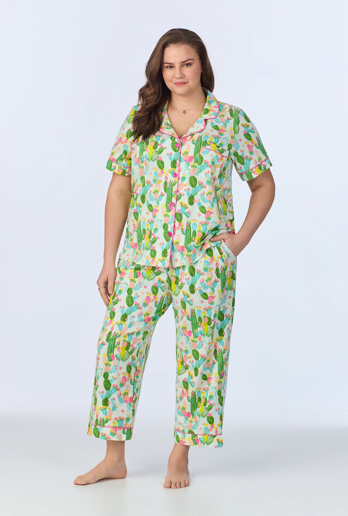 A lady wearing Cactus Garden Short Sleeve Classic Stretch Jersey Cropped PJ Set