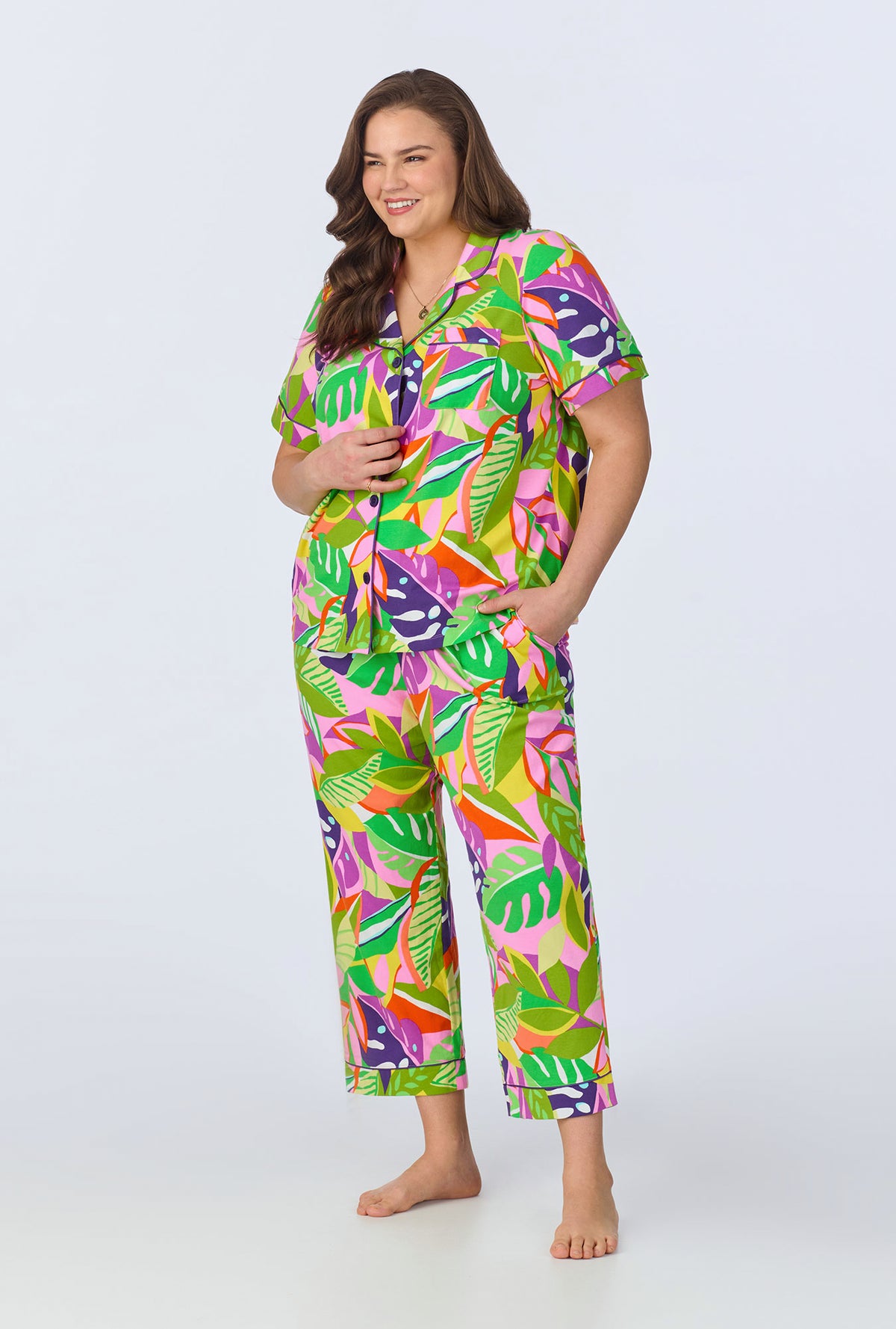 A lady wearing  Jungle Leaves Short Sleeve Classic Cropped Stretch Jersey PJ Set