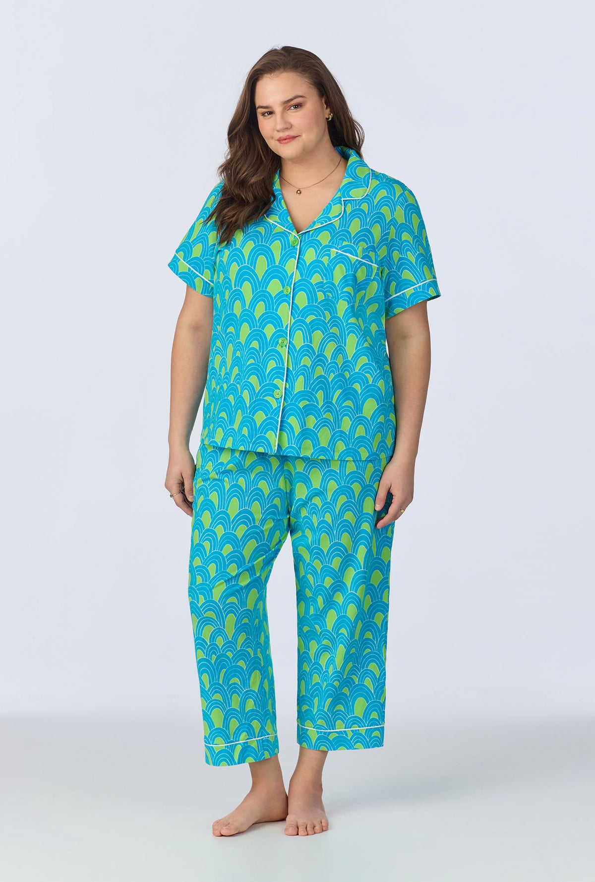 A lady wearing  Geo Arches Short Sleeve Classic Cropped Stretch Jersey PJ Set