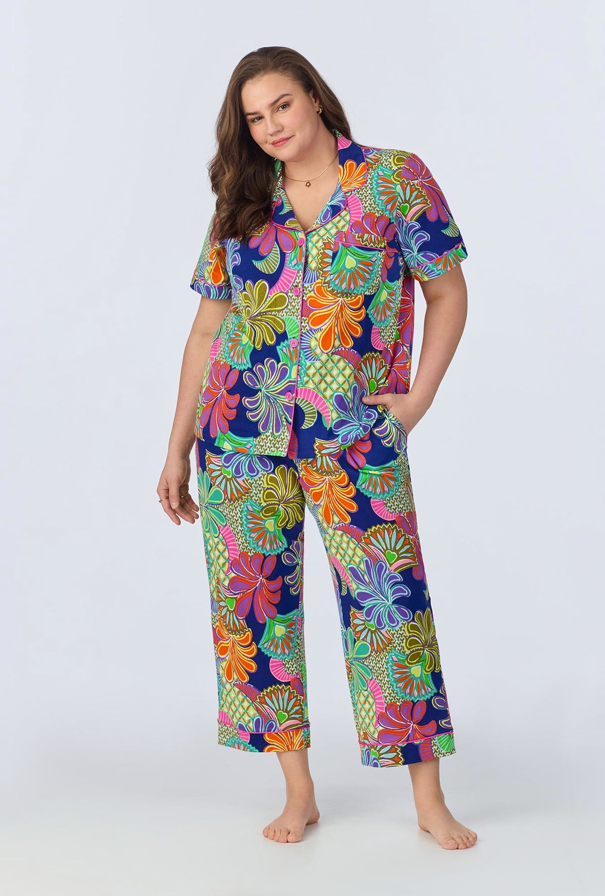 A lady wearing   Zanzibar Short Sleeve Classic Cropped Stretch Jersey PJ Set