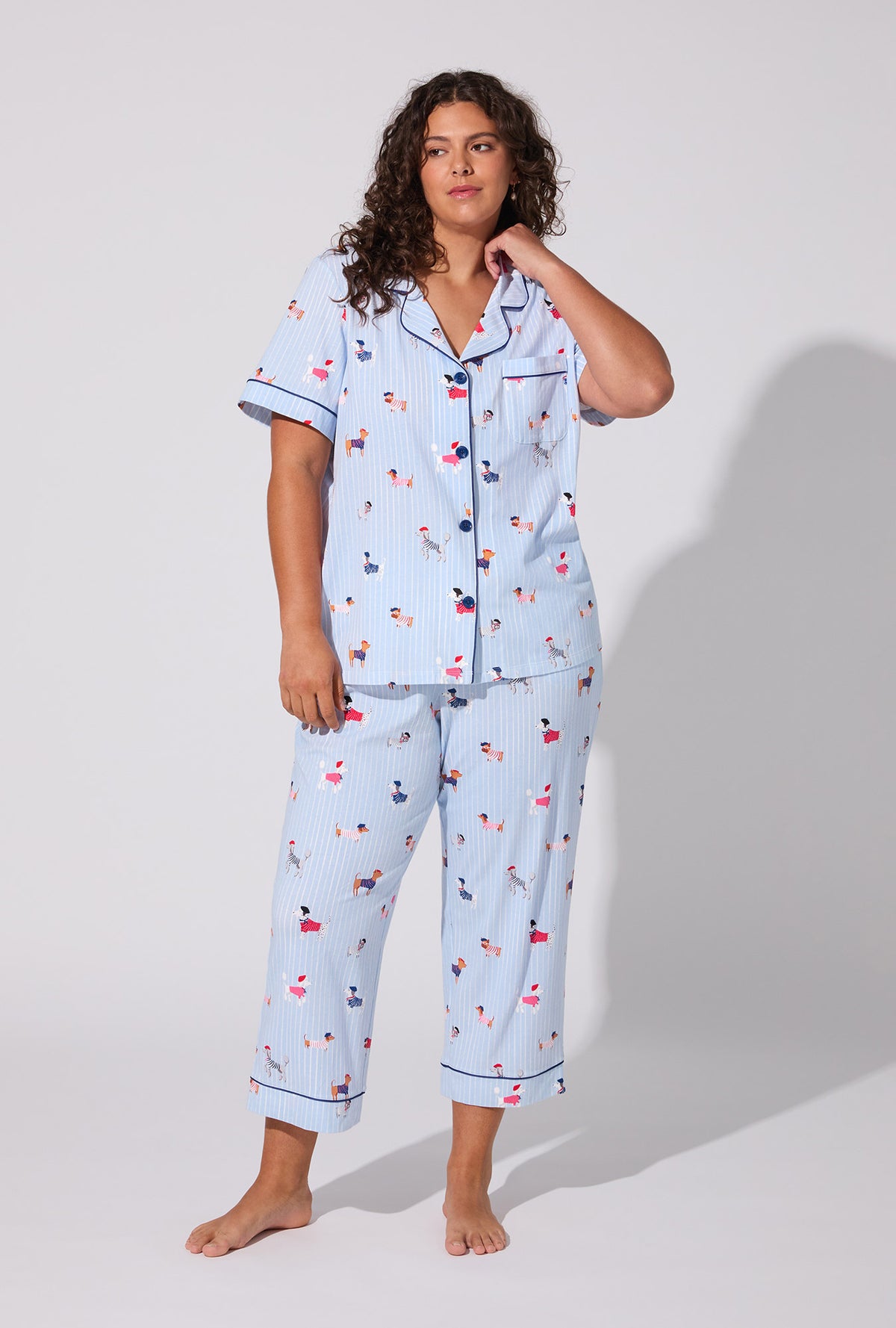 A lady wearing French Pups Short Sleeve Classic Stretch Jersey Cropped PJ Set