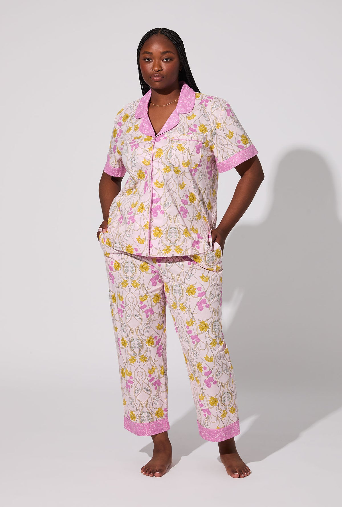 A lady wearing Fleur Nouveau Sleeve Classic Woven Cotton Poplin Cropped PJ Set