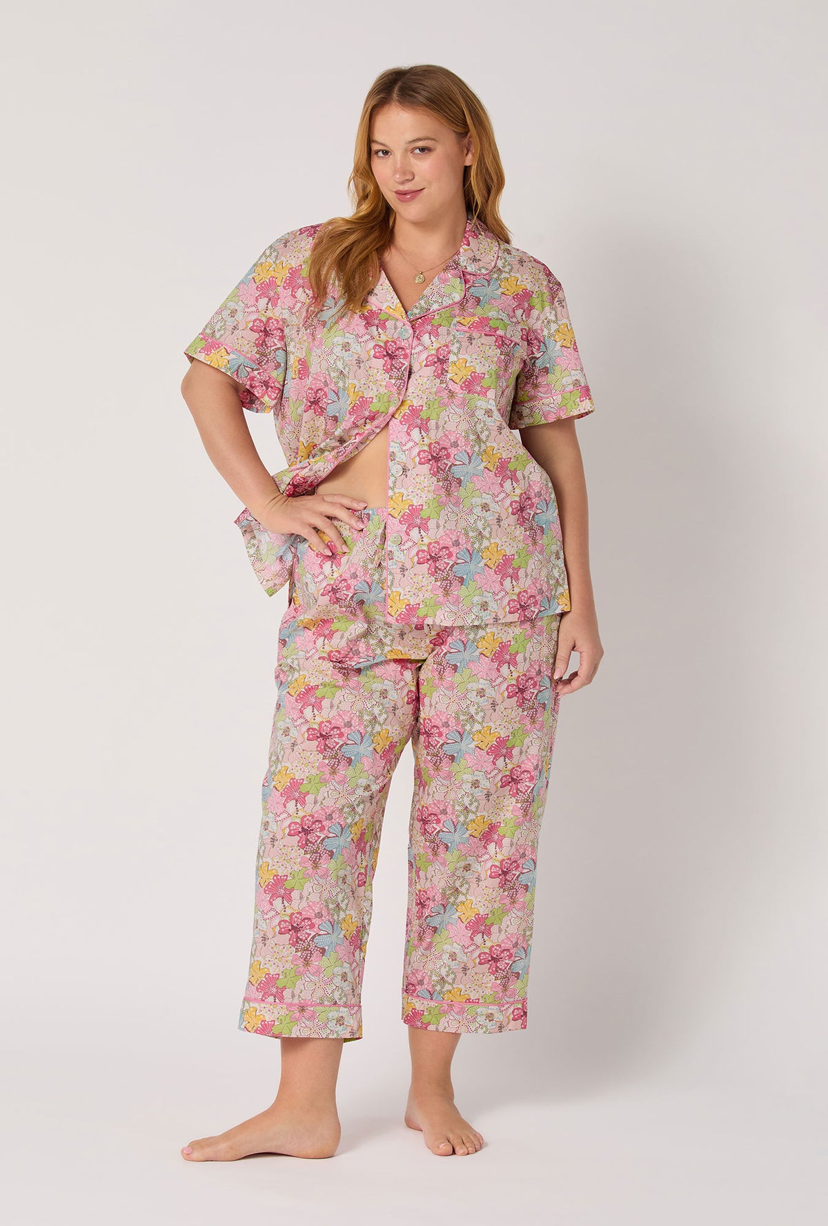 A Lady wearing Mauvey Short Sleeve Classic Woven Tana Lawn® Cropped Pj Set Made With Liberty Fabric