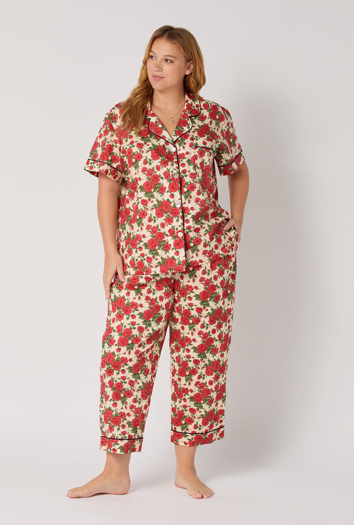 A Lady wearing Carline Rose Short Sleeve Classic Woven Tana Lawn® Cropped Pj Set Made With Liberty Fabric
