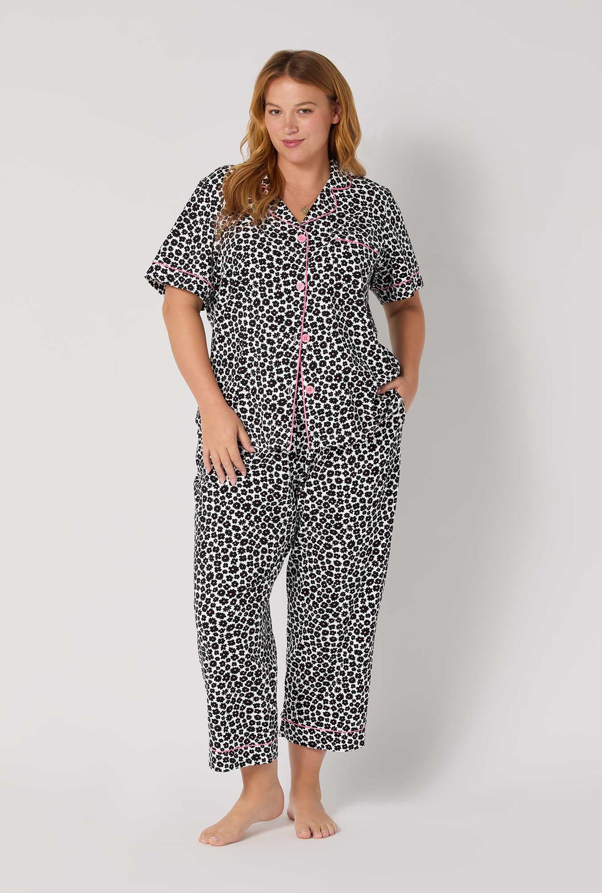 A lady wearing Viola Short Sleeve Classic Stretch Jersey Cropped Pj Set