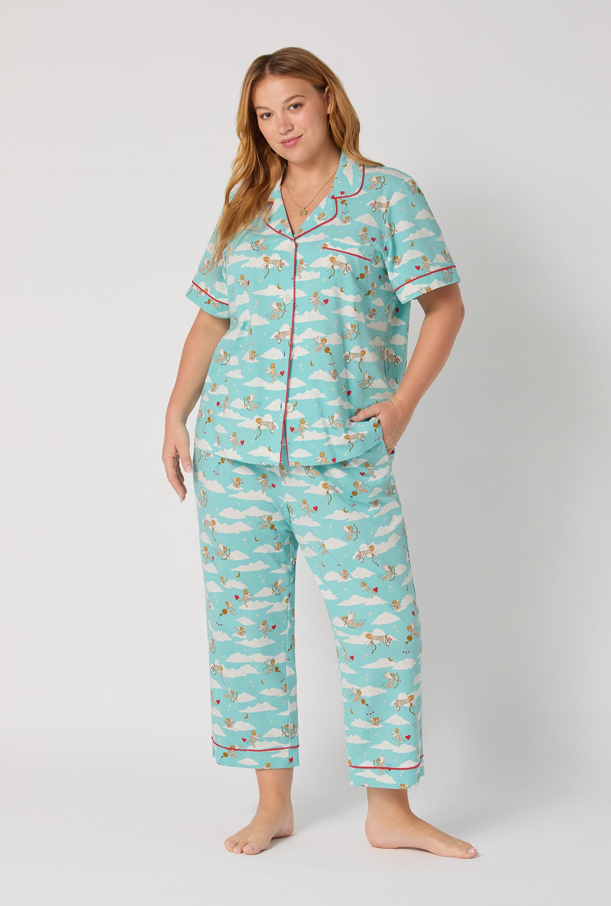 A lady wearing Cheeky Cupid Short Sleeve Classic Stretch Jersey Cropped Pj Set