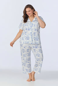 A lady wearing Bedhead on Bleecker Short Sleeve Classic Stretch Jersey Cropped PJ Set