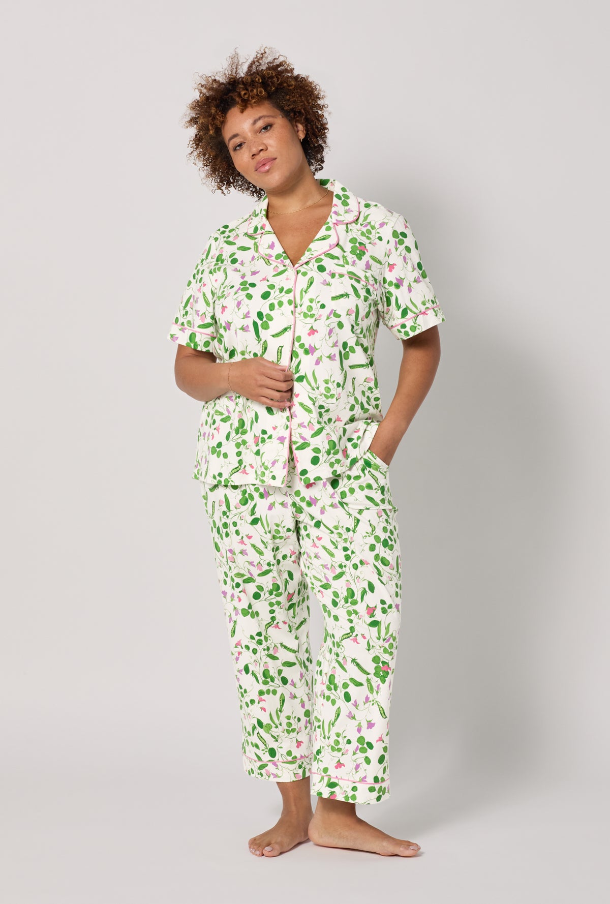 A lady wearing plus Peas In A Pod Short Sleeve Classic Stretch Jersey Cropped Pj Set