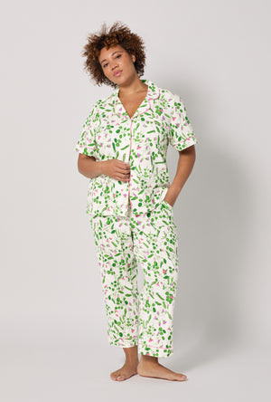 A lady wearing plus Peas In A Pod Short Sleeve Classic Stretch Jersey Cropped Pj Set