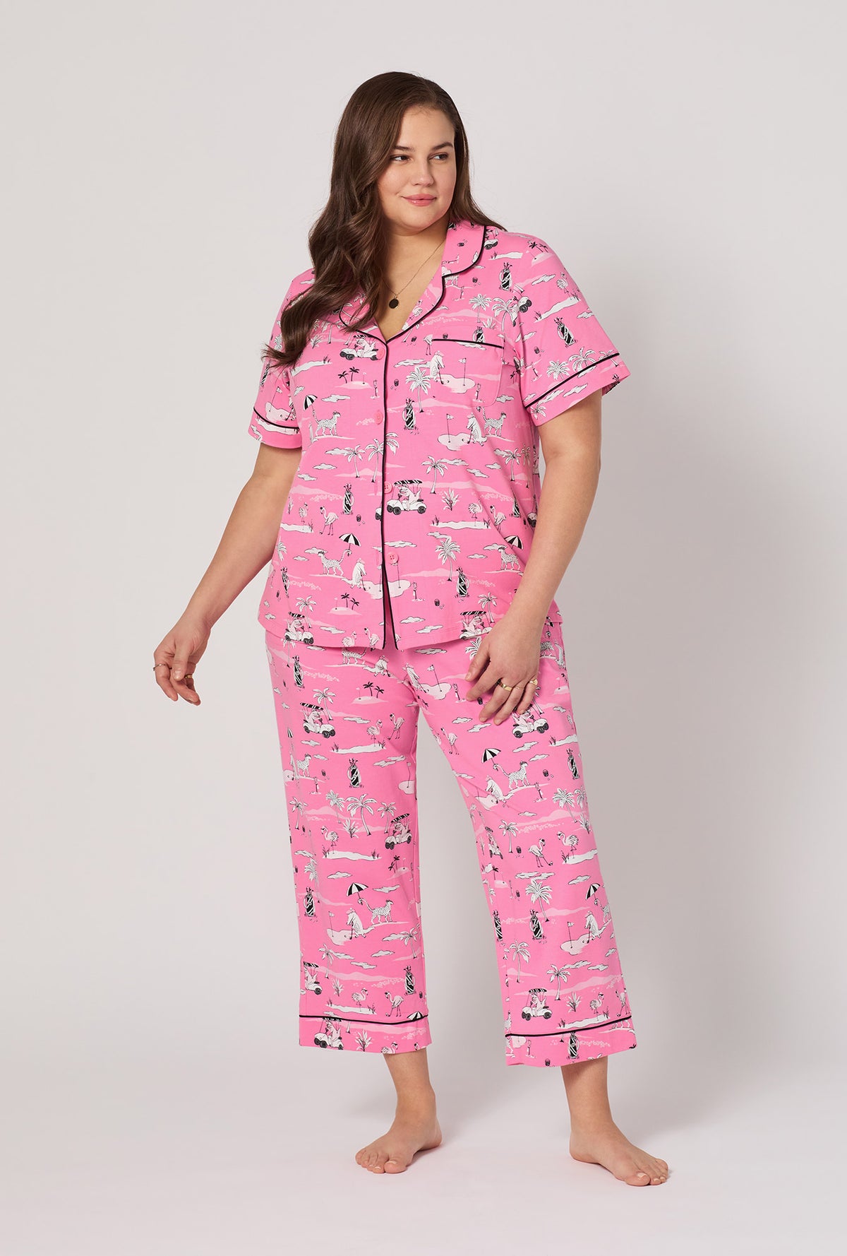 A lady wearing plus Putting Pink Short Sleeve Classic Stretch Jersey Cropped Pj Set