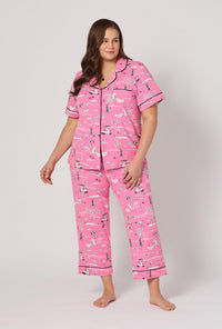 A lady wearing plus Putting Pink Short Sleeve Classic Stretch Jersey Cropped Pj Set
