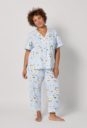 A lady wearing plus Magnolia Breeze Short Sleeve Classic Stretch Jersey Cropped Pj Set