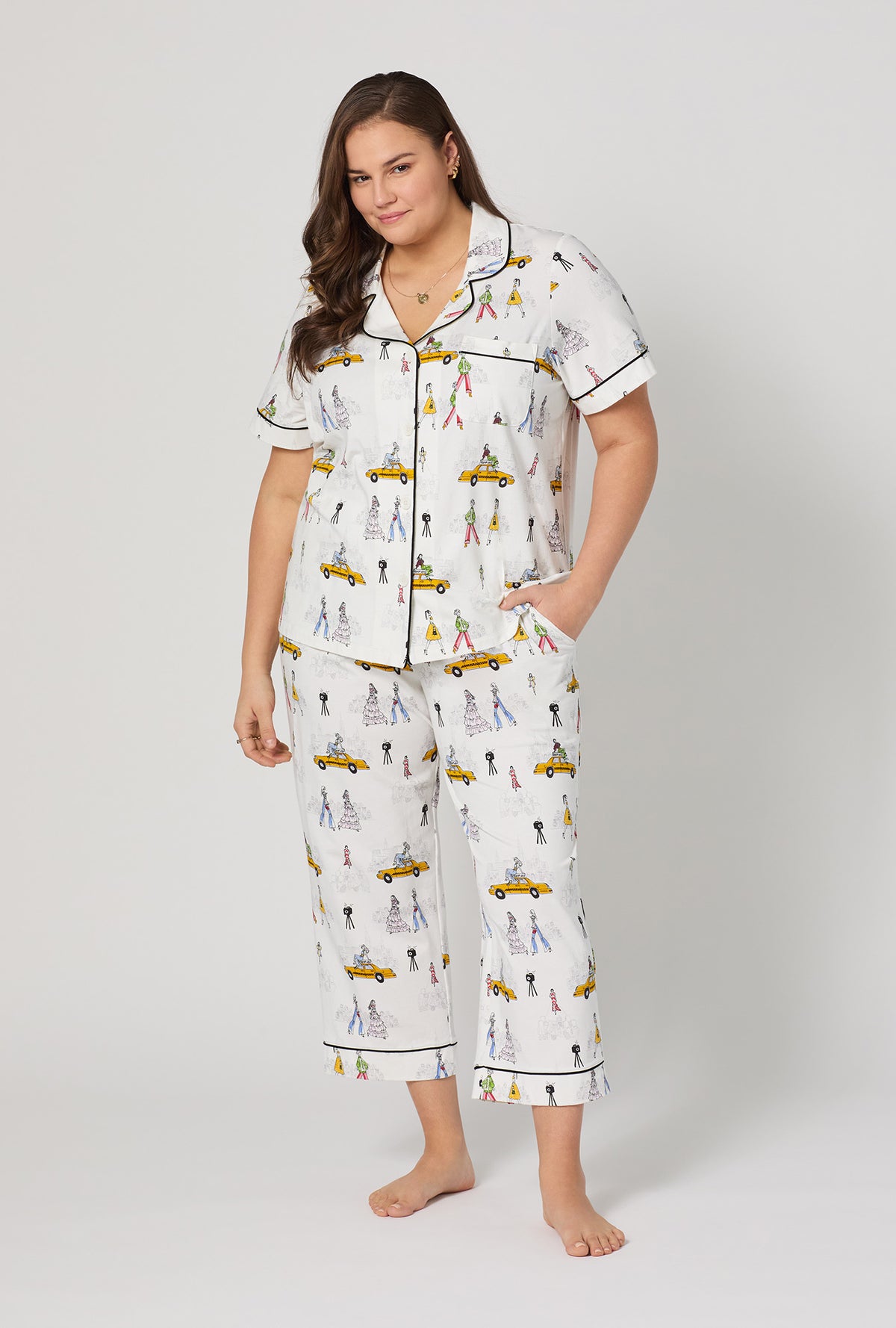 A lady wearing plus size Fashion Week Short Sleeve Classic Stretch Jersey Cropped Pj Set