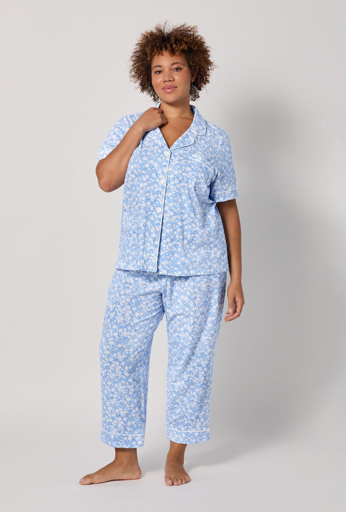 A lady wearing plus Something Blue Short Sleeve Classic Stretch Jersey Cropped Pj Set