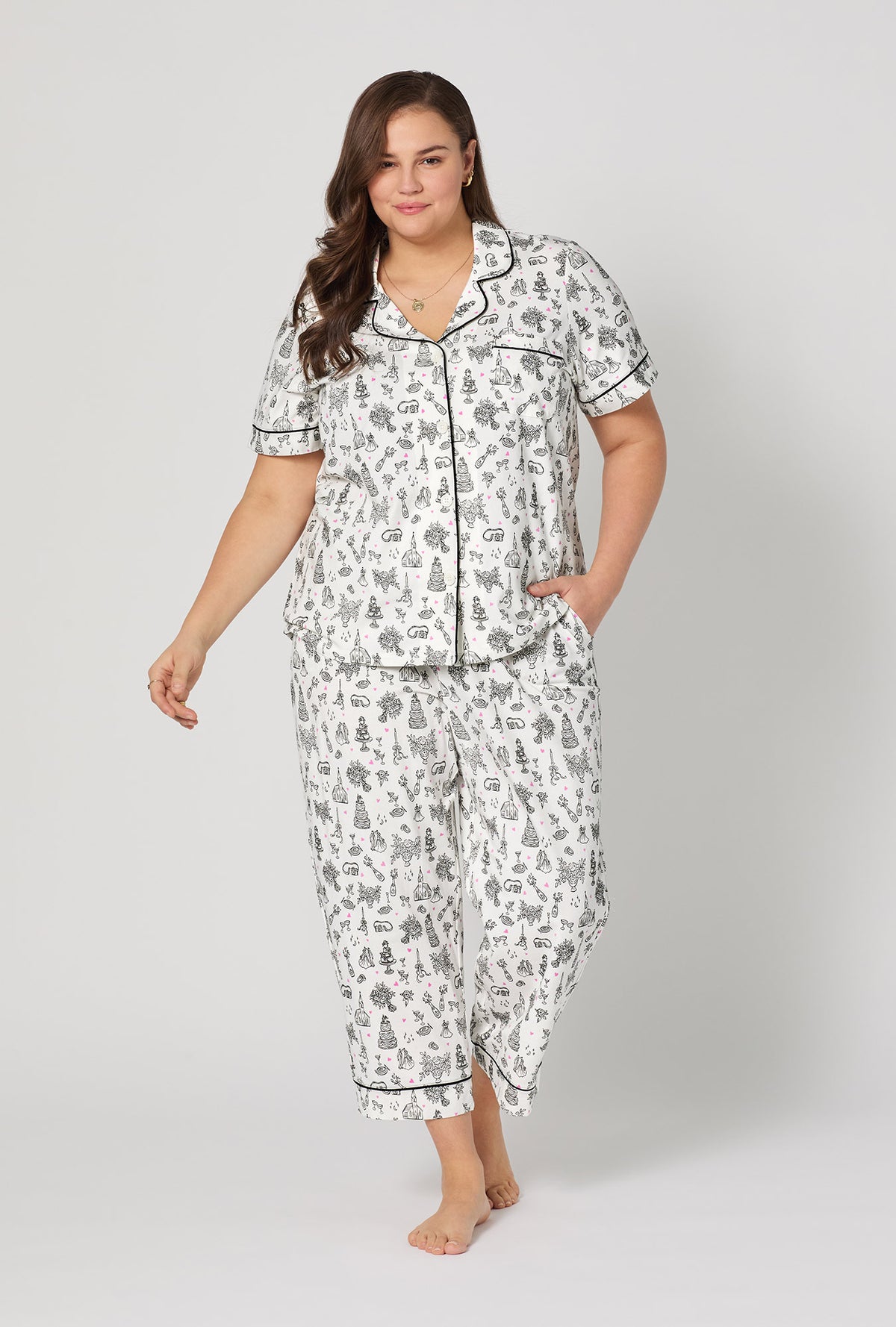 A lady wearing plus Tie The Knot Short Sleeve Classic Stretch Jersey Cropped Pj Set