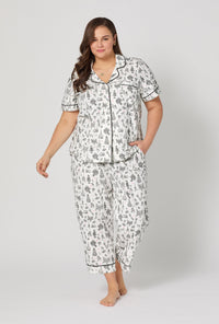 A lady wearing plus Tie The Knot Short Sleeve Classic Stretch Jersey Cropped Pj Set